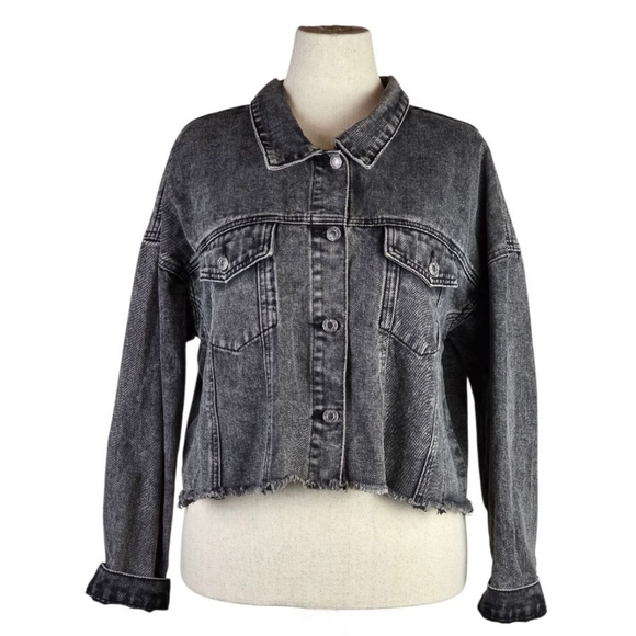 Savanna Jane Rhinestone Fringe Black Acid Wash Cropped Denim Jacket L Maximalism - Picture 2 of 7